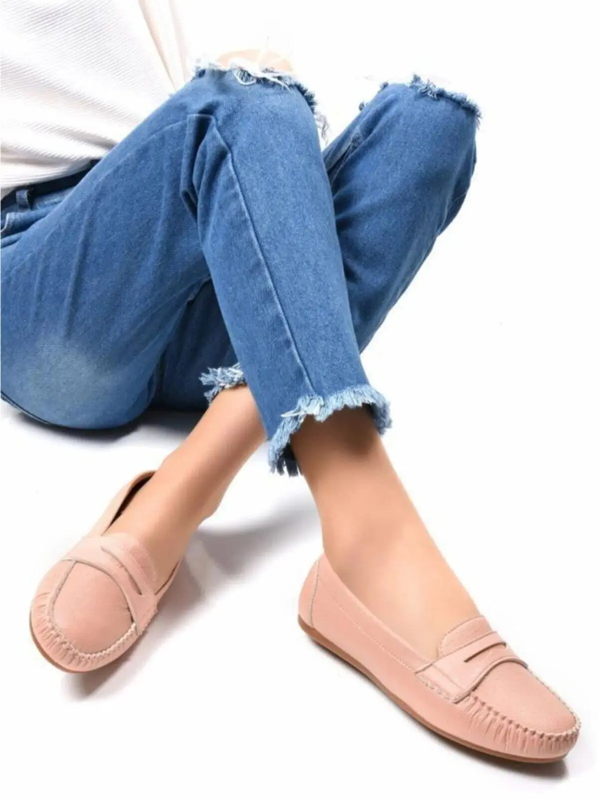 2021 SUMMER SEASON WOMEN CASUAL ELEGANT FLAT SLIP-RESISTANT OUTSOLE ARTIFICIAL LEATHER LOAFER SHOES POWDER