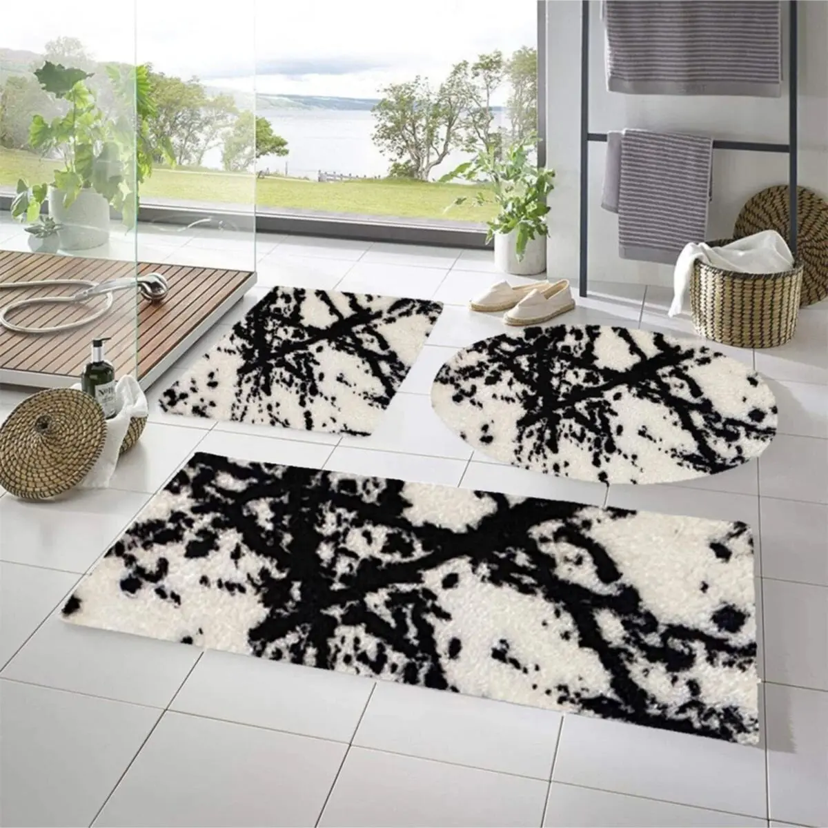 Bath Mat Triple Set Checkered Black White 5 Colors Plush Non-Slip Base Washable Bathroom Carpet Easy To Clean