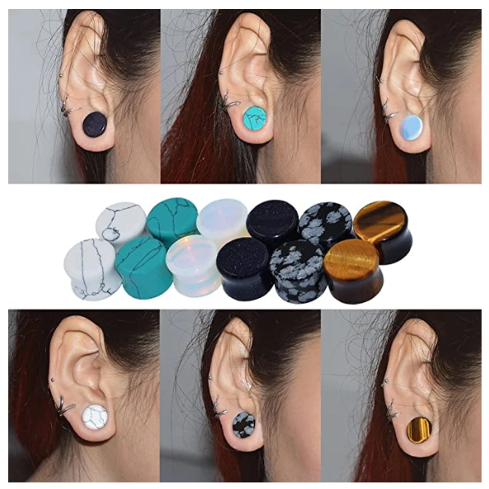 Pair Stone Ear Plugs Gauges Earrings Double Flare Saddle Stretching Gauges Expander 6mm-25mm Ear Stretcher Body Jewelry