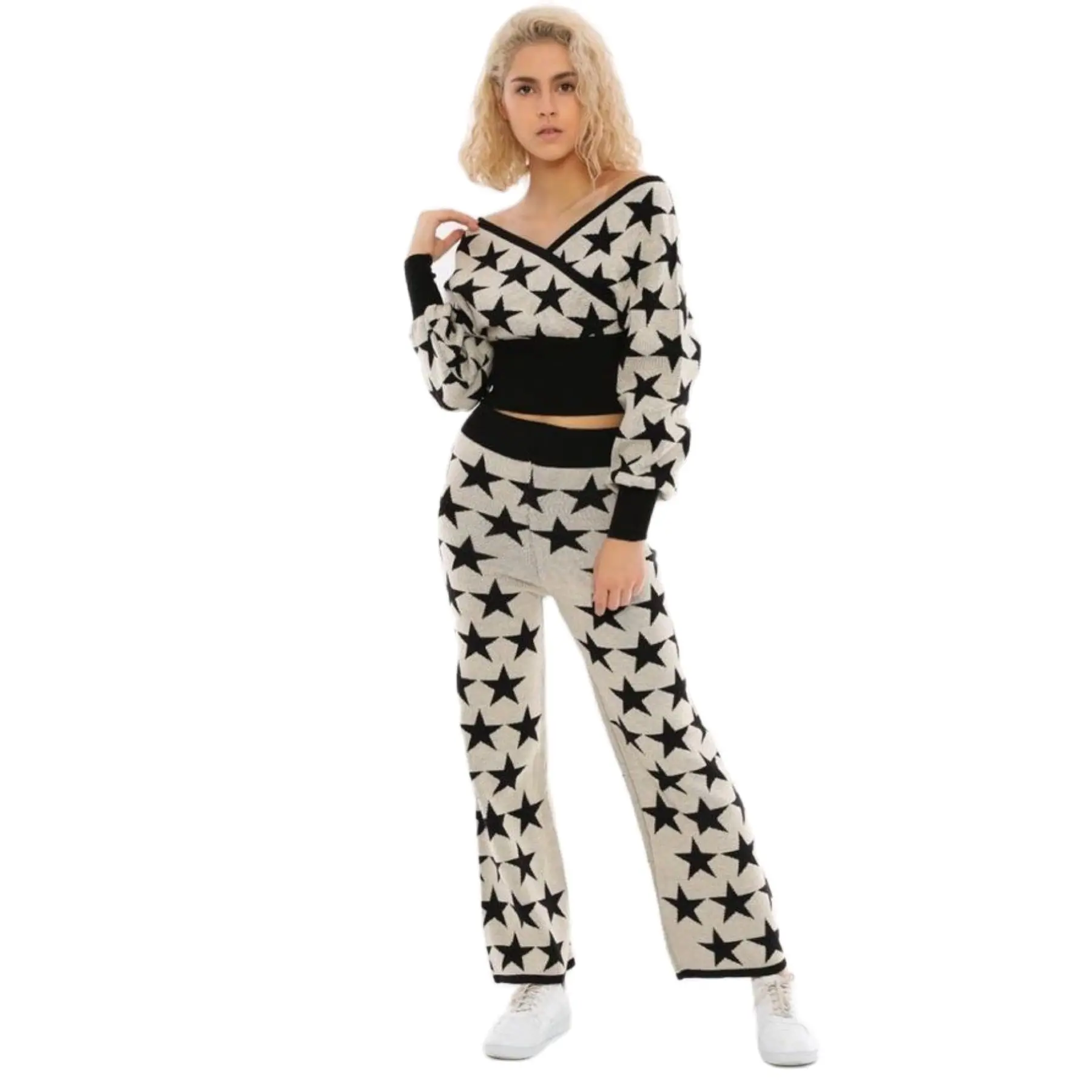 2 Piece Women's Knitted Sports Set Star Pattern Natural Belt V-Neck Sweater and Comfortable Pant Sportive Set Knitwear Turkey