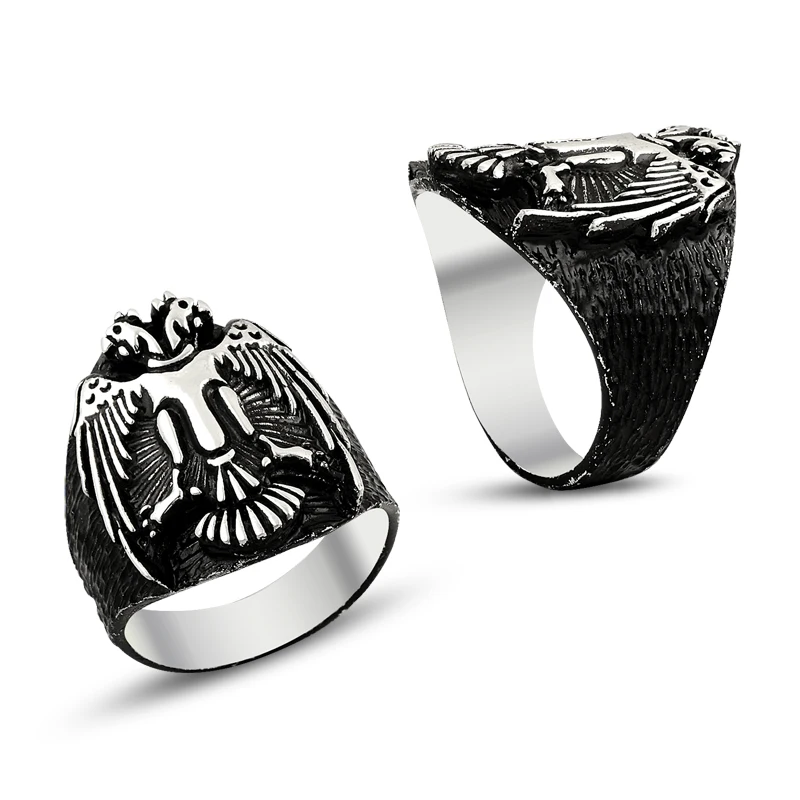 925 Silver Two Head Eagle Printed Resurrection Ertugrul Rings for Men