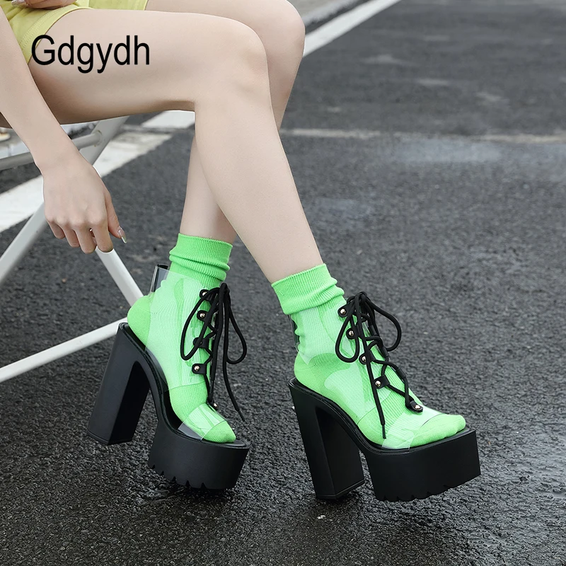 Gdgydh Crandy Color Transparent Sandals for Women Heels Open Toe Lace Up Slingback Platform Shoes White Black Block Heels Summer