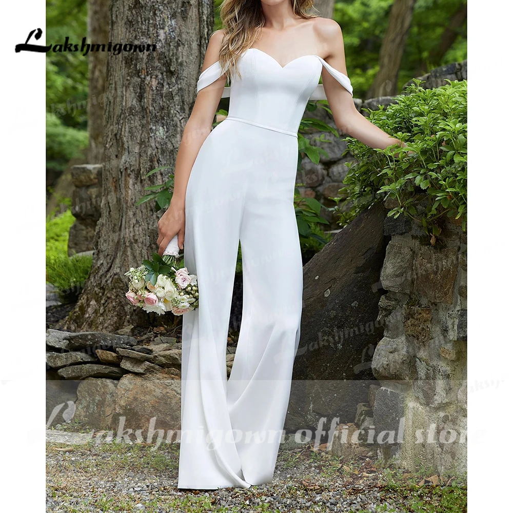 Simple Summer White Jumpsuit Wedding Dress 2022 Off The Shoulder Pant Bridal Formal Gowns Boho Garden Back Buttons Sexy Vestidos