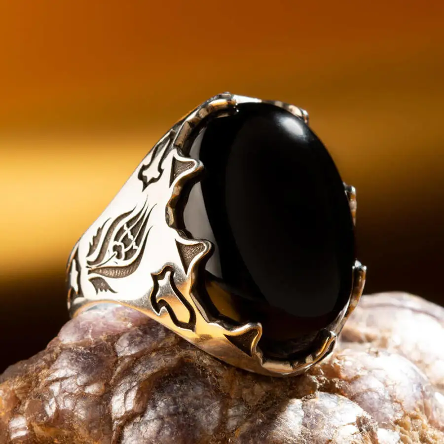 Silver Tulip Motived Mens Ring with Black Onyx Stone Fashion Turkish Premium Quality Handmade Jawelery