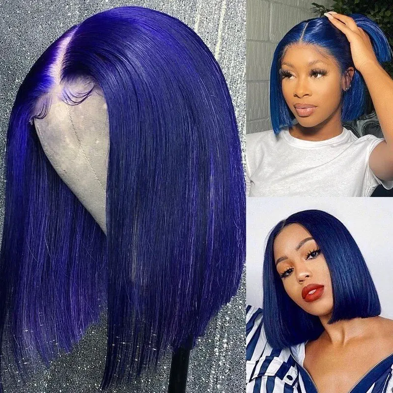 

Colored Blue Bob Wigs Lace Frontal Bob Wigs Human Hair Wigs Short 13X4x1 Lace Front Bob Wigs 180% Brazilian For Black Women