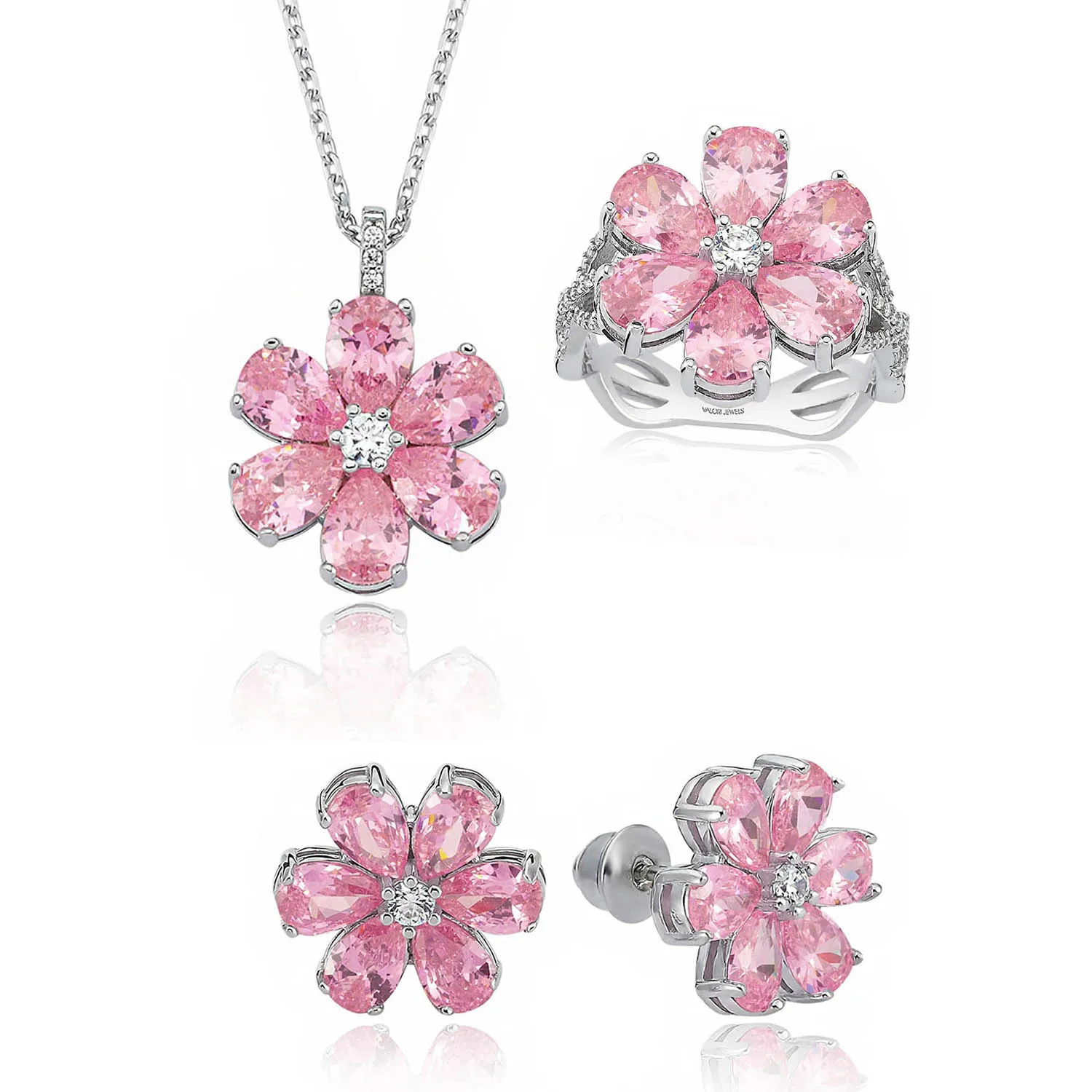 

Valori Jewels Magnolia Flower Set , 12 Ct Zircon Pink Pear Gemstone , Rhodium Plated ,925 Silver, Fine Jewelry