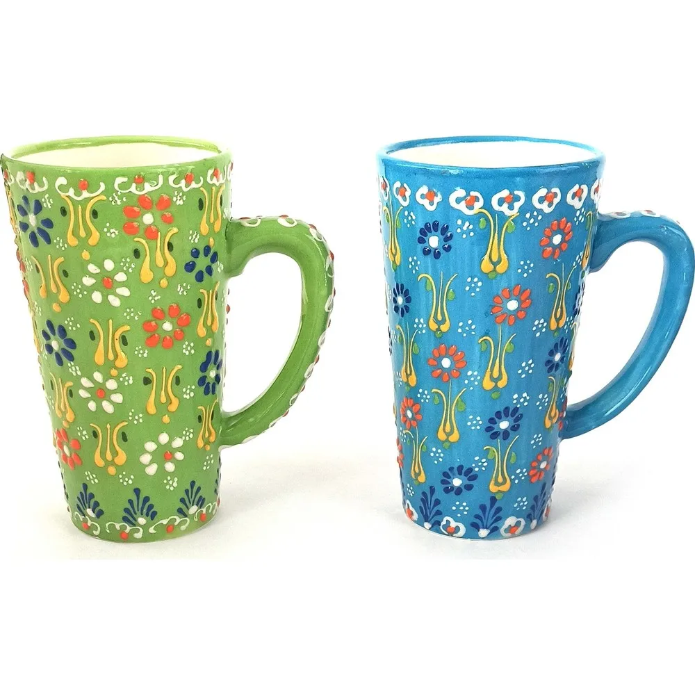 Handmade Ceramic 2s Latte Cup Set - Green & Blue Color 500ml Latte Ceramic Glass Handwork Made in turkey