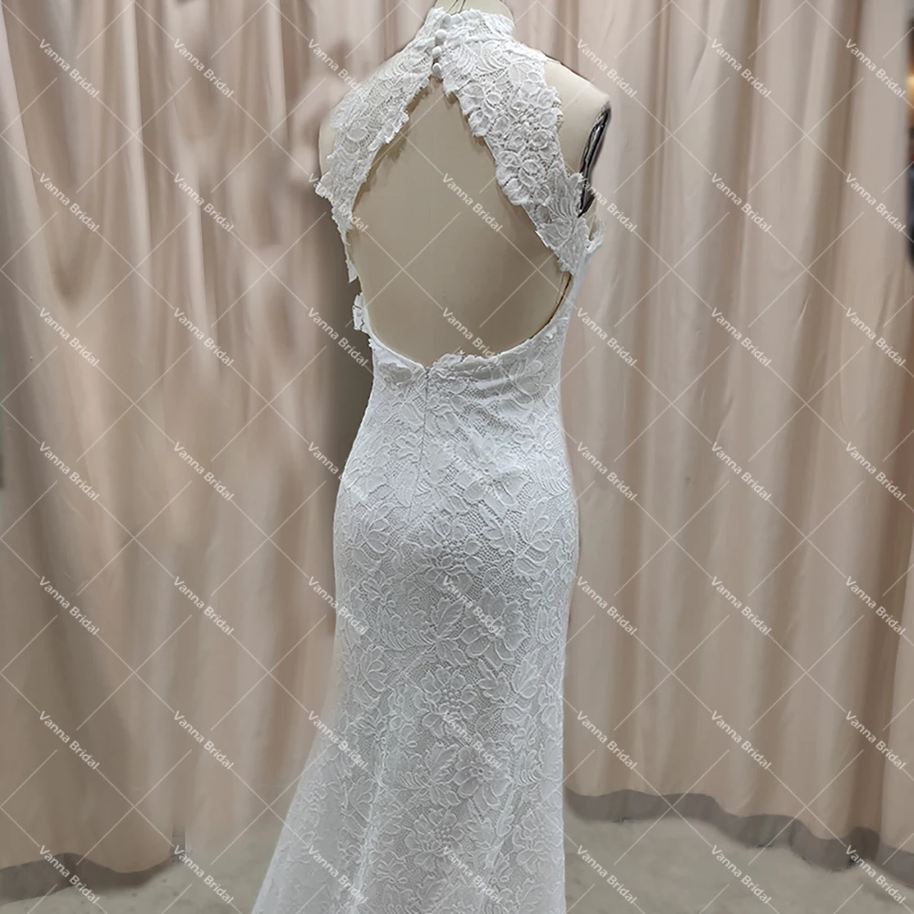 High Halter Neck Floral Lace Sheath Wedding Gowns Custom Made Drop Ship Fishtail Skirt Plus Size Open Back Buttons Bridal Dress