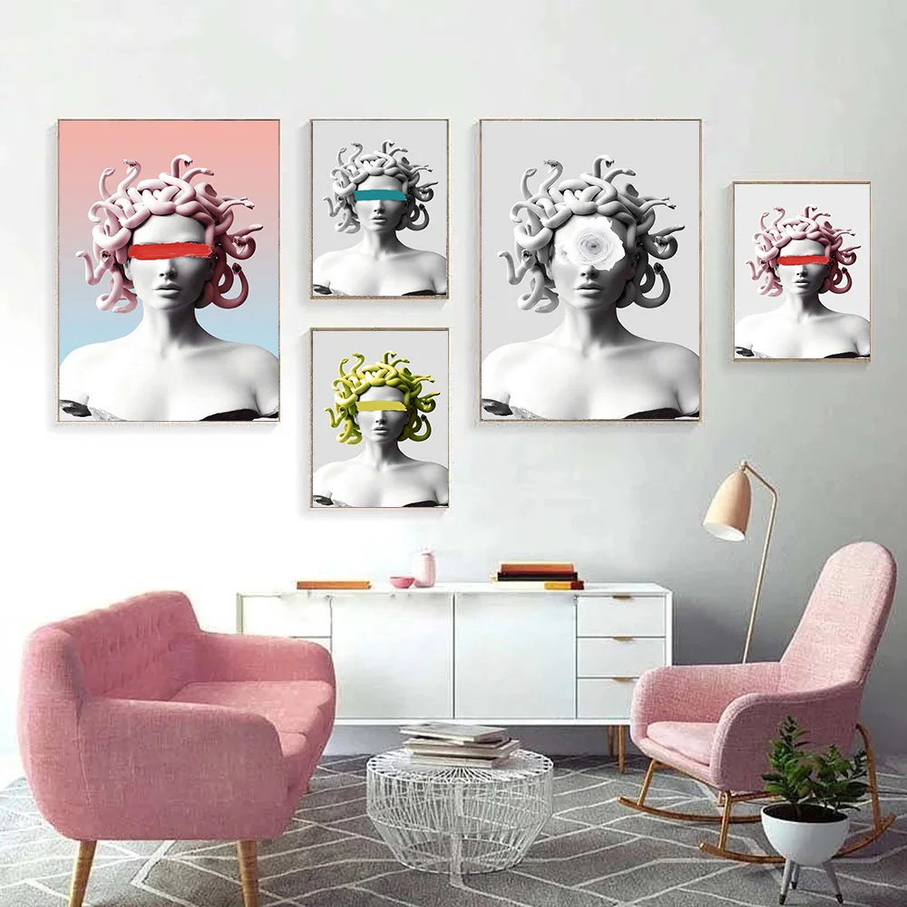 Vaporwave Sculpture Of Medusa Canvas Art Posters Home Decor Posters and Prints Graffiti Art Canvas Paintings On the Wall Picture