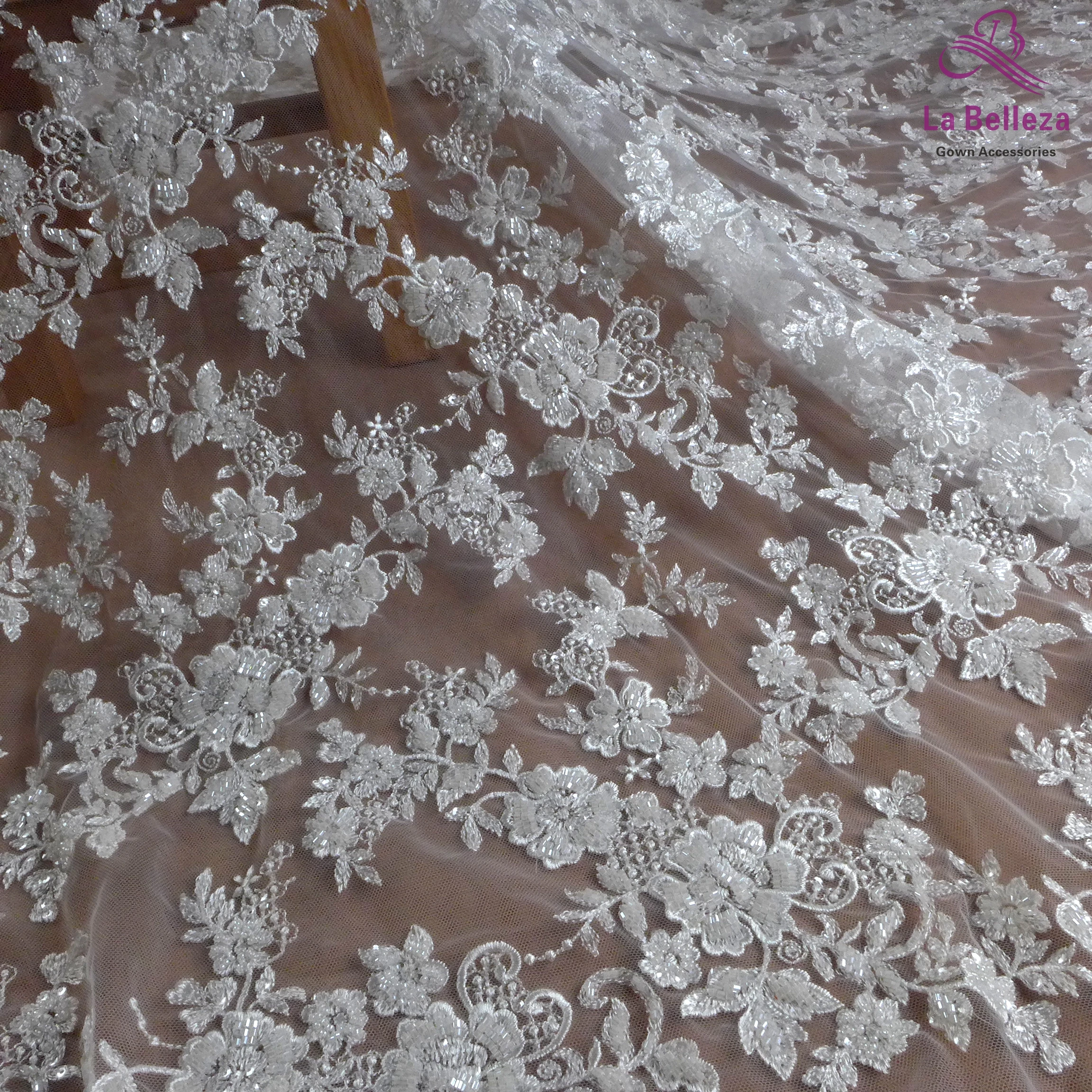 1 yard high quality white Heavy beaded sequin fabric floral pattern Lace fabric wedding dress cut