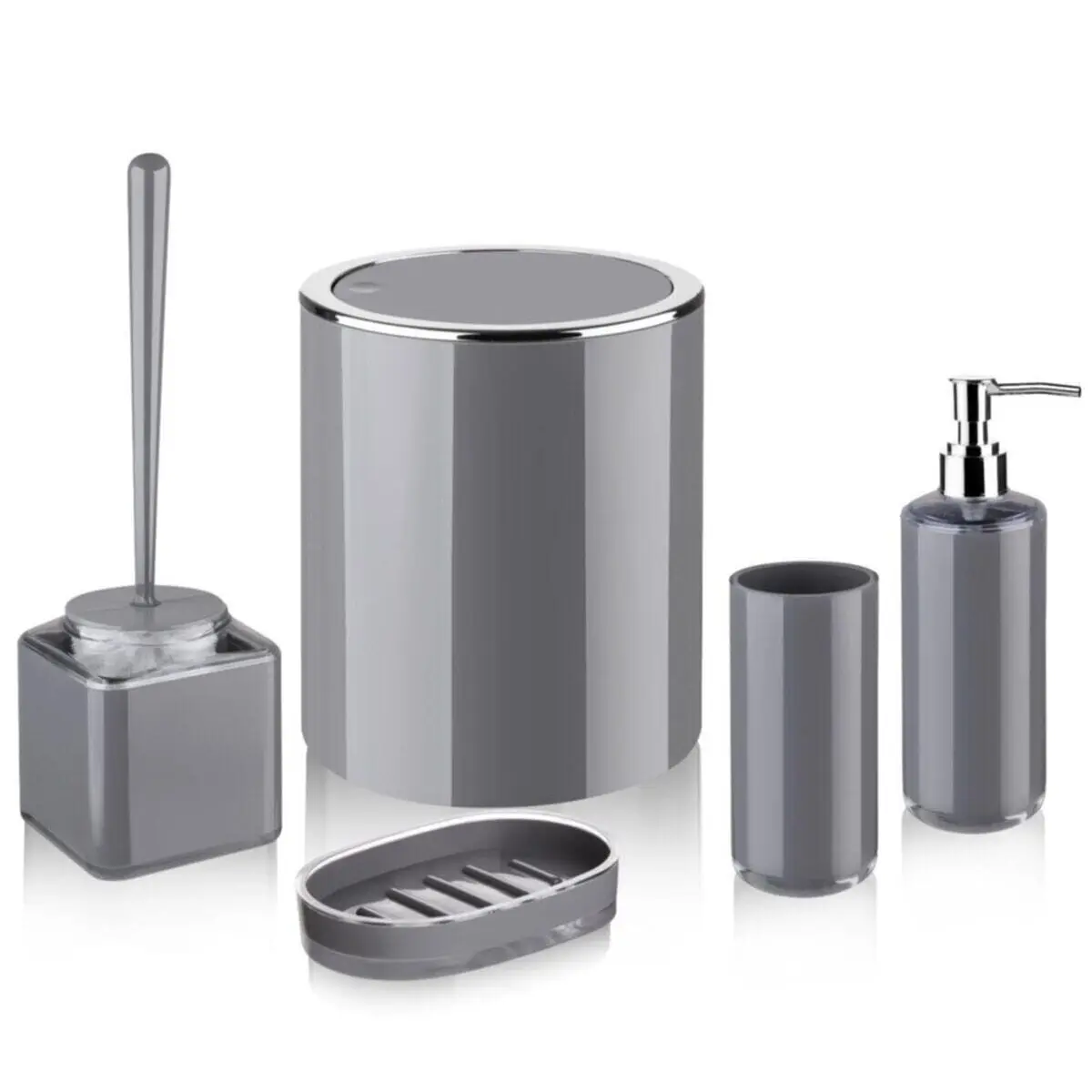 5 Pcs Decorative Gray Bathroom Set Modern Toilet Brush Trash Can Solid Soap Dispenser Liquid Soap Dispenser Toothbrush Holder