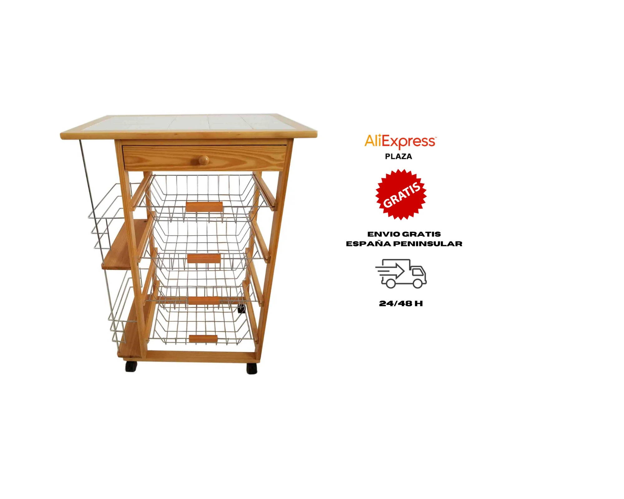 Kitchen cart Port 5 honey color with 4 baskets and drawer 82x57x37 Cm. Kitchen carts, kitchen furniture. Saves space. Storage. Kitchen. Kitchen organizer. Fruit greengrocer. Greengrocer cart