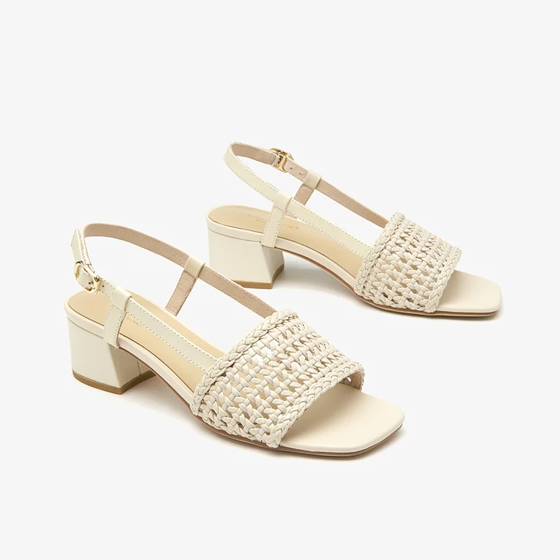 BeauToday pompy sandały damskie Slingback Open Square Toe skórzane tkane kwadratowy obcas pasek z klamrą lato na świeże powietrze damskie buty 31219