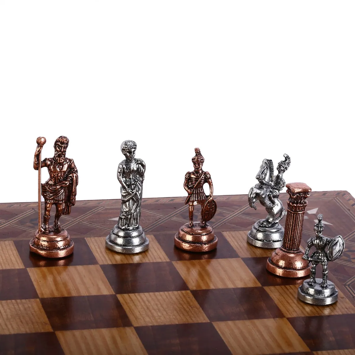 Historical Antique Copper Rome Figures Metal Chess Set, Handmade Pieces, mosaic Design Wooden Chess Board Small Size King 4.8cm