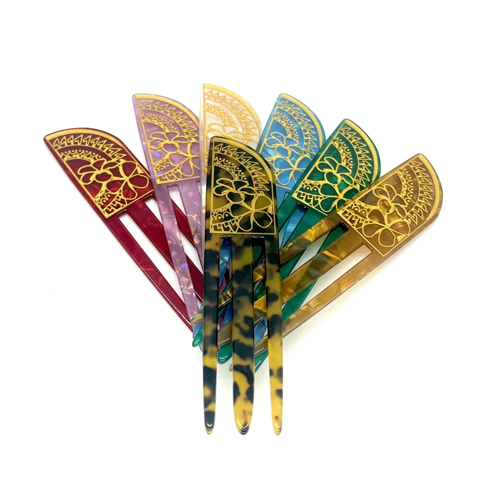 New Women Aceate Acrylic Hair Sticks With Plumeria Flowers Engraved Fashion Style Angled Shape Hair Picks With 7 Colors