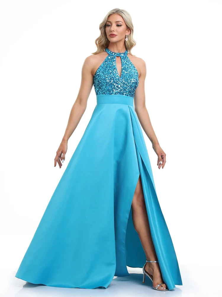 فساتين سهرة أنيقة برقبة دائرية بالترتر الأزرق طويلة فاخرة للنساء من التل بدون أكمام لحفلات الزفاف وحفلات الكوكتيل #5