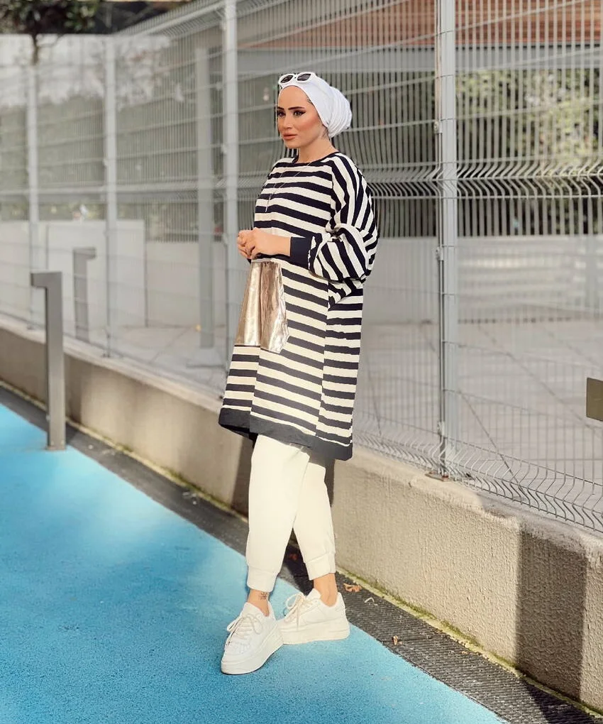 Muslim hijab dress Pocket Detaied Striped Sweat Muslim hijap Muslim women clothes Women\'s Dresses turkey Hijap Autumn dress