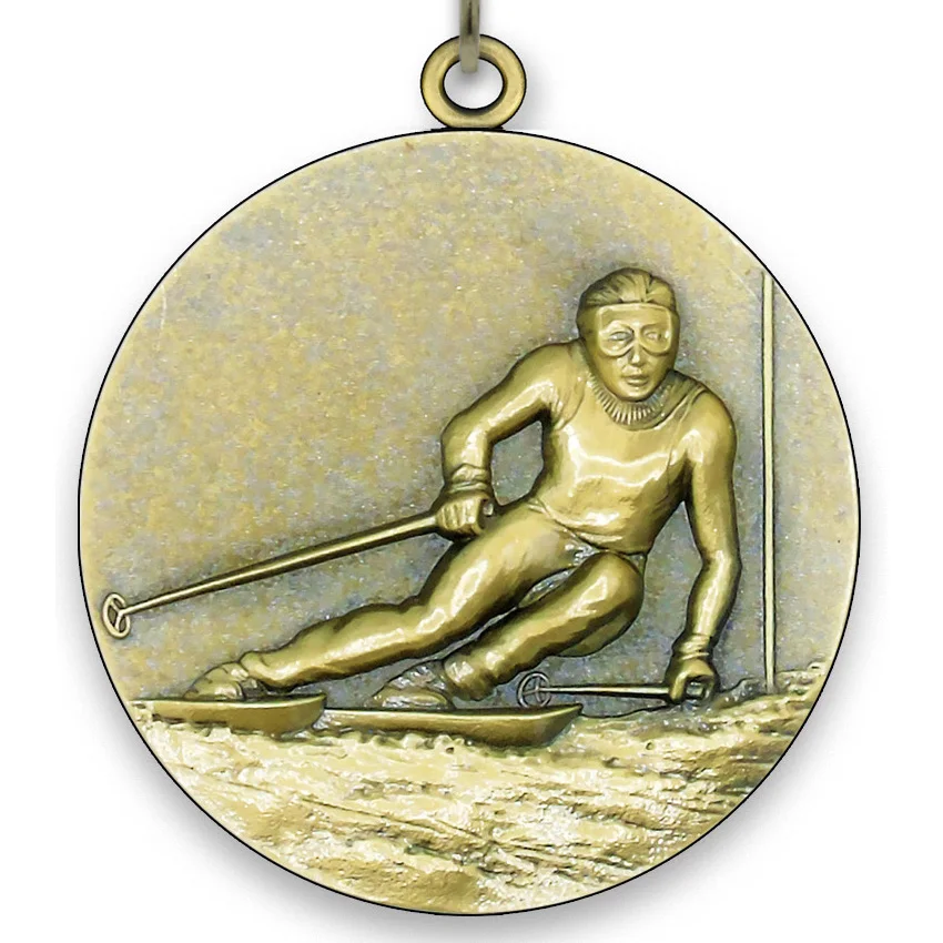 Large Metal - Skiing Medal Male - Gold - 6,4 cm - with Neck Ribbon size 2,2cm x 80 cm, Choice of Ribbon Colours.