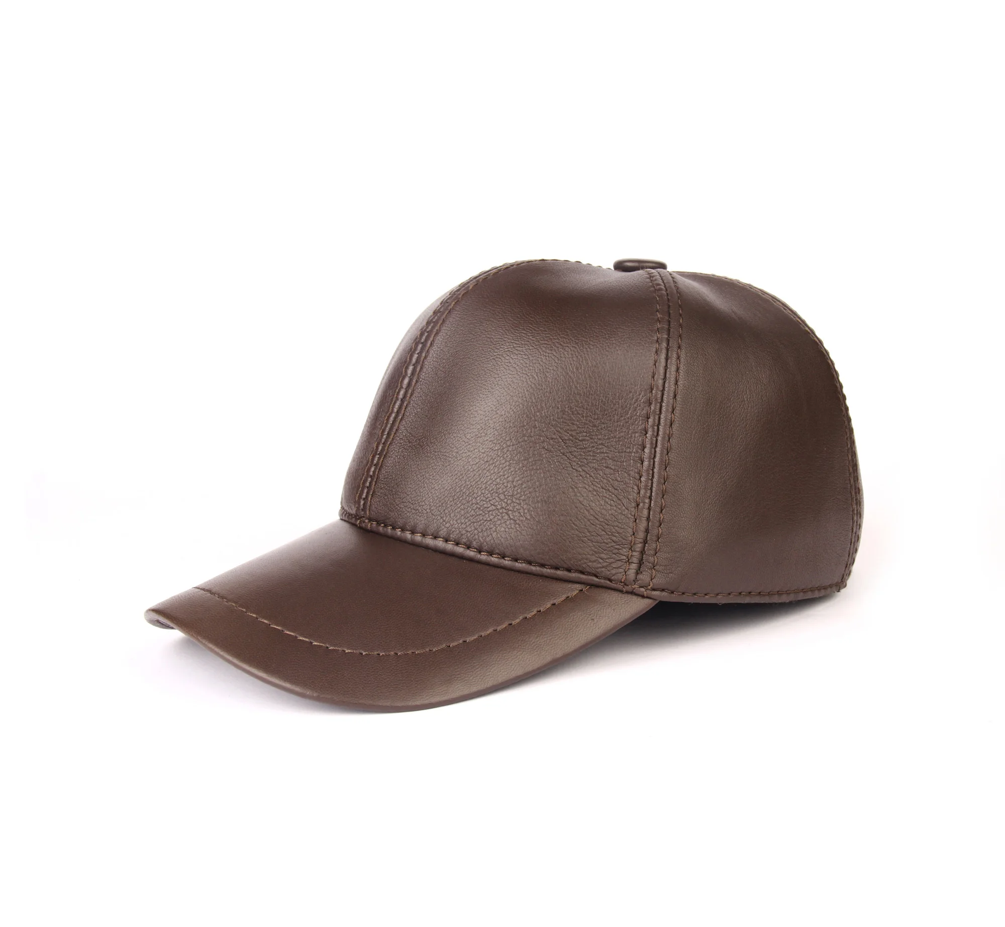 

Handmade Brown Baseball Caps for Cold Winter Autumn with Real Sheep Skin Leather, Woolen Inside, Ear Covers, Men's Accessories