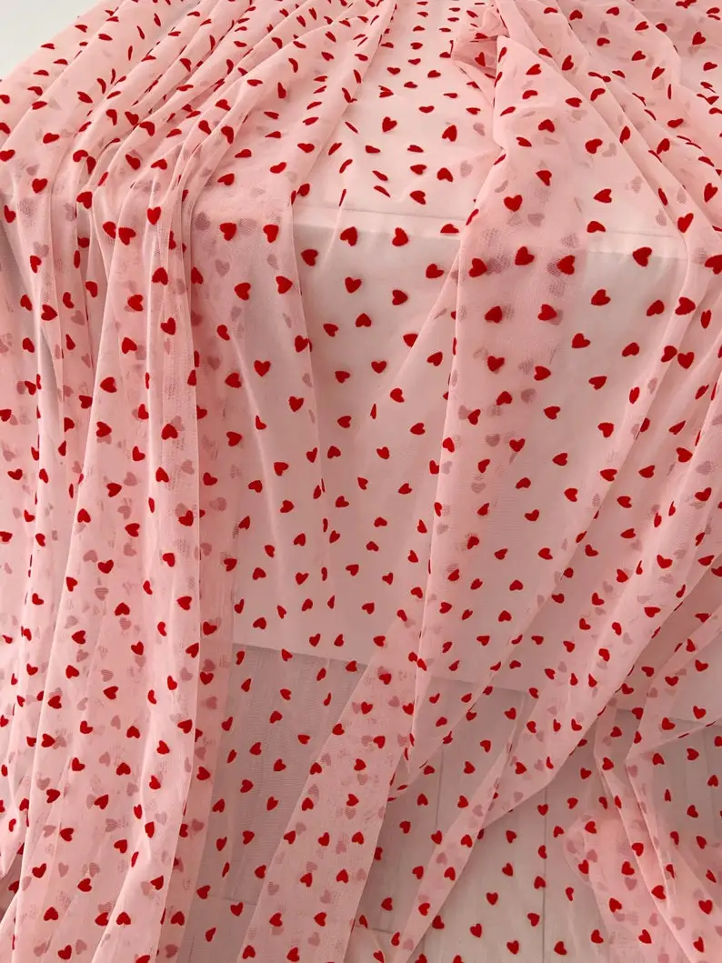 4 Way Stretch Tulle Fabric With Red Velvet Hearts Pink Stretchy Mesh Fabric Elastic Tulle Fabric Smooth Well Drape