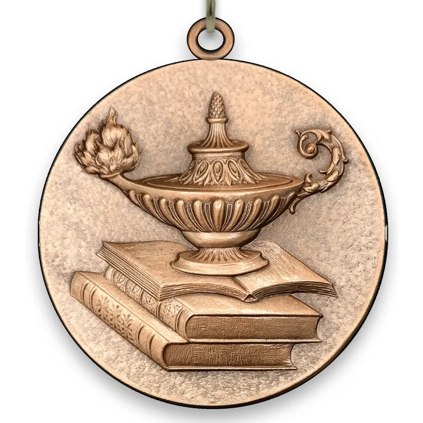 Large Metal - Lamp of Knowledge Medal - Bronze -6,4 cm - with Neck Ribbon size 2,2cm x 80 cm, Choice of Ribbon Colours.