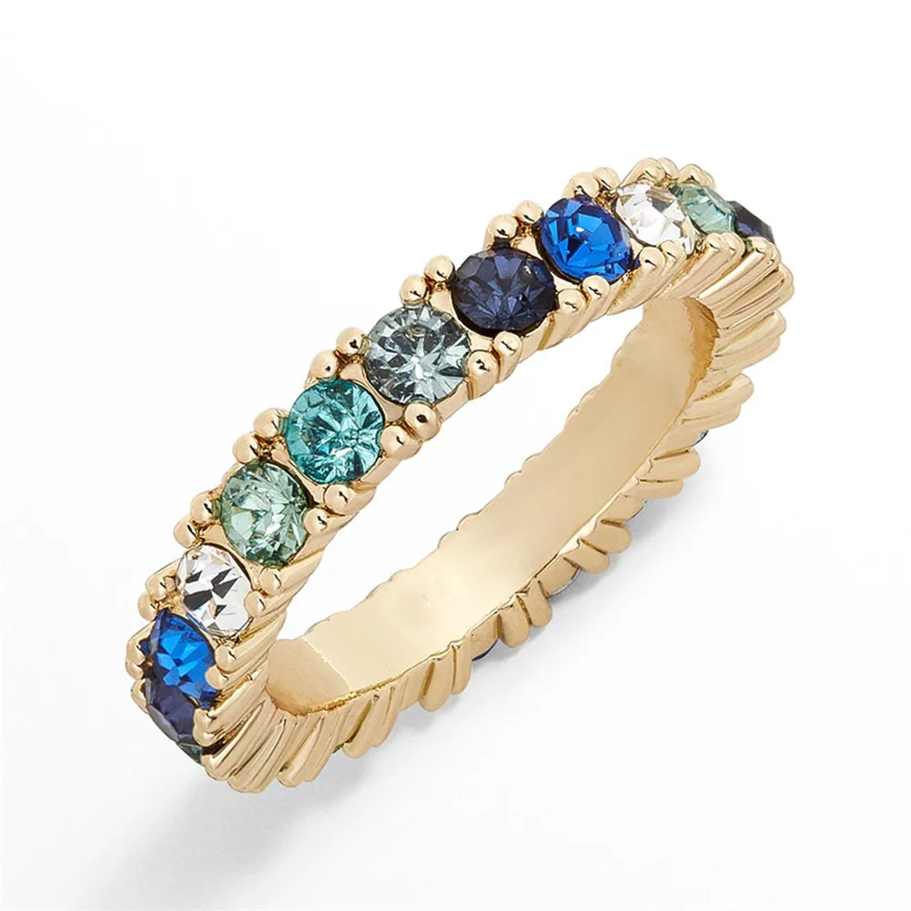 High Quality Ins HOT Unique Colorful Rhinestone Rings Round Copper Golden Wedding Rings for Women Fmale Party Jewelry Gifts 2021