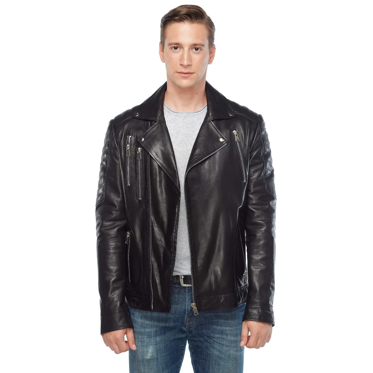 Casto Biker Chính Hãng Phối Da Đen Gốc Da Cừu Thu Đông 2022 Biker Slim Size Lớn VintageTürkiye