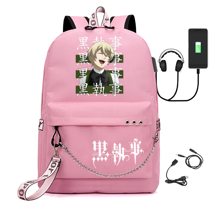 

Black Butler School Bag Travel Laptop Chain Backpack Headphones USB Port Backpack