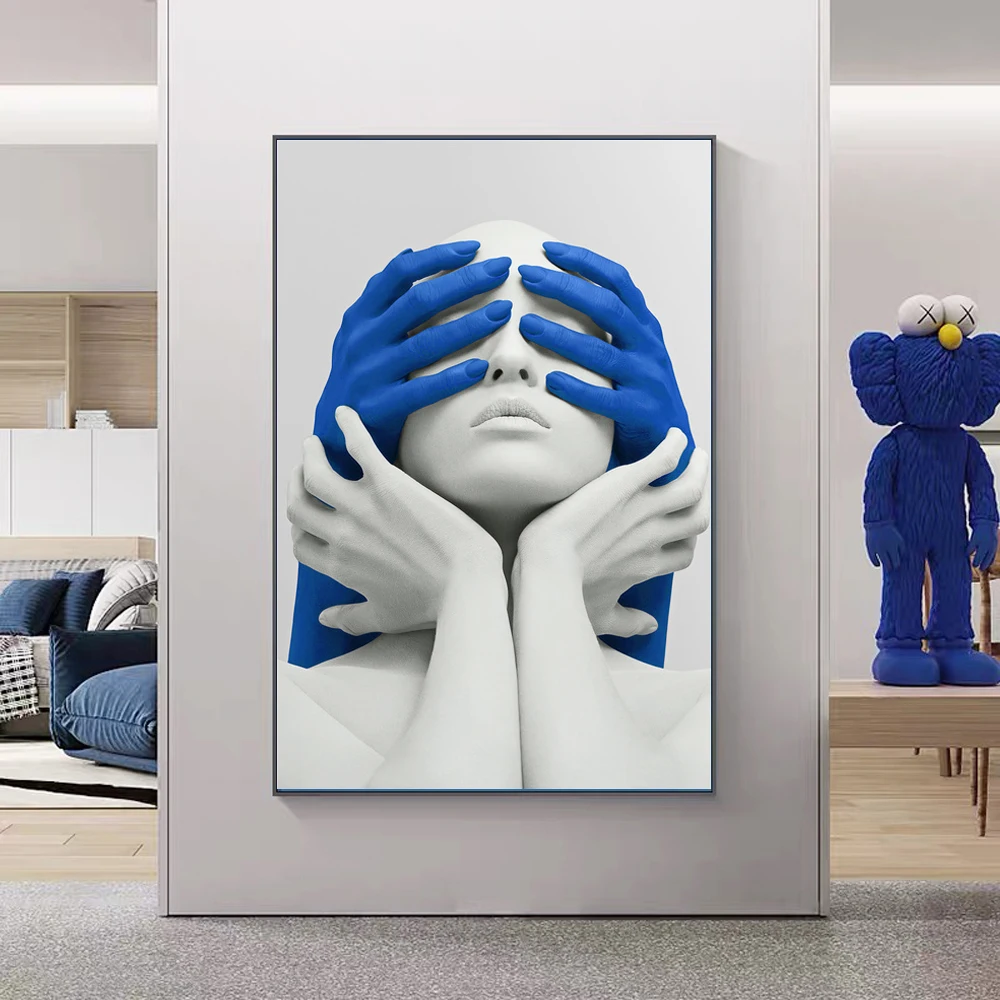 

Fashion Women White Sculpture Blue Hand Canvas Painting Wall Art Poster And Print Picture For Nordic Living Room Home Decoration