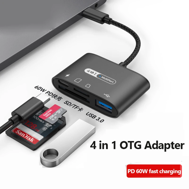 USB-C SD Card Reader 4 in 1 USB OTG Adapter Compatible SD/TF Card with Charging Port Memory Card Reader for Camera Notebook