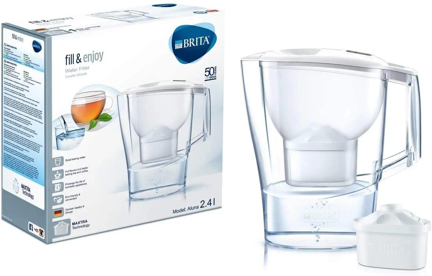 BRITA Aluna Cool Water Filter Slim Jug and 1 Cartridge, White, MAXTRA 2,4 liter