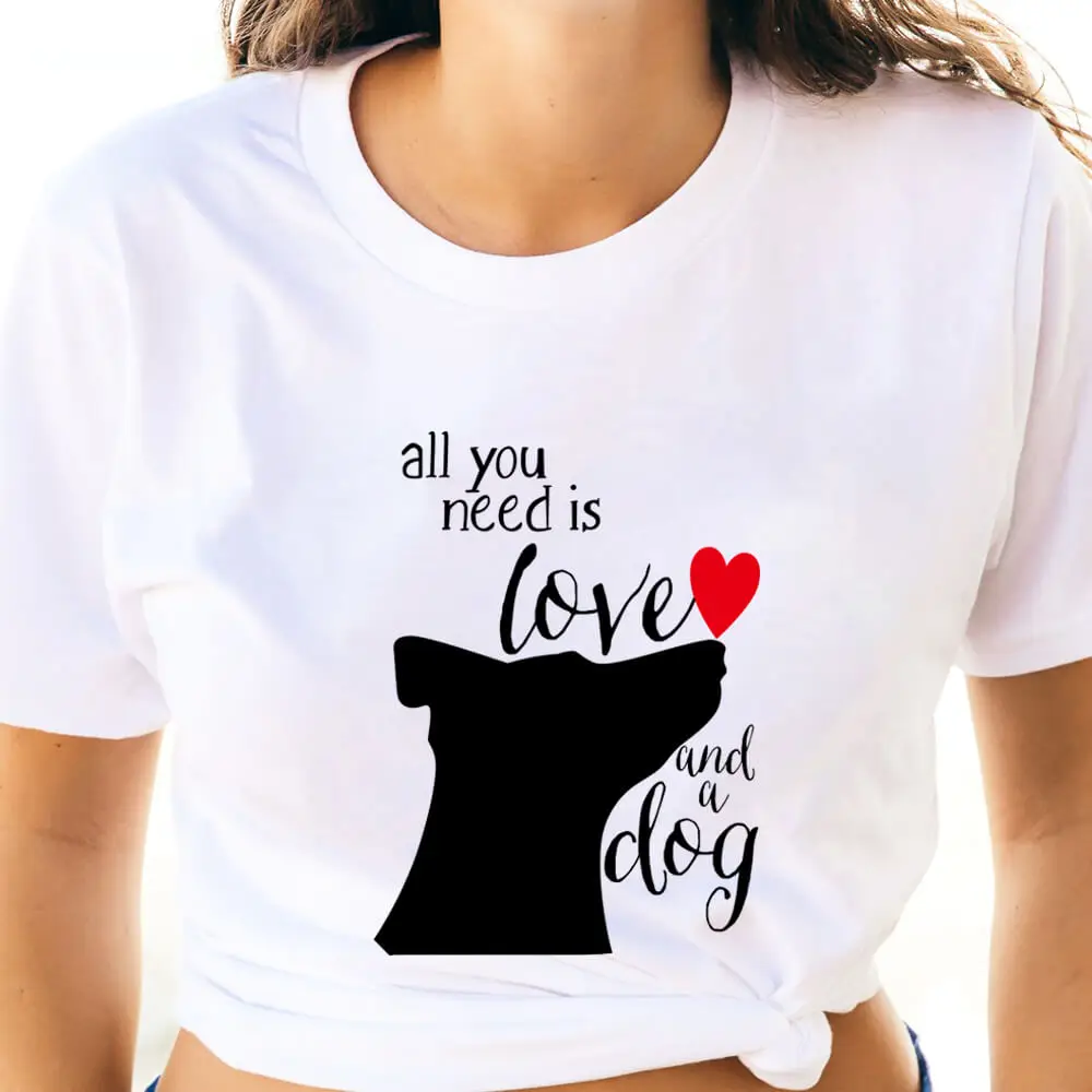 

Love And Dog 100%Cotton Colored Printed Women's T Shirt Valentines Day Shirts Dog Lover Casual O-Neck Pullovers Short Sleeve Top