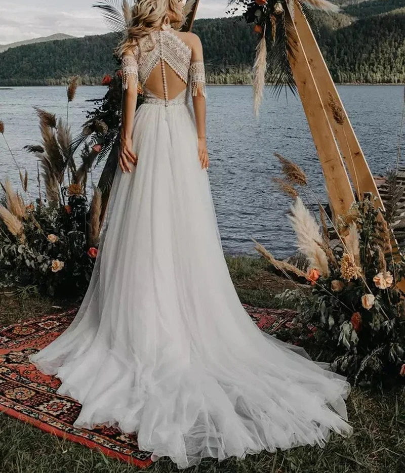 Bohemian Vintage Halter Hochzeit Kleid Spitze Tüll Backless Boho Lange Brautkleider mit Quasten Strand Nach Maß Robe De Mariee