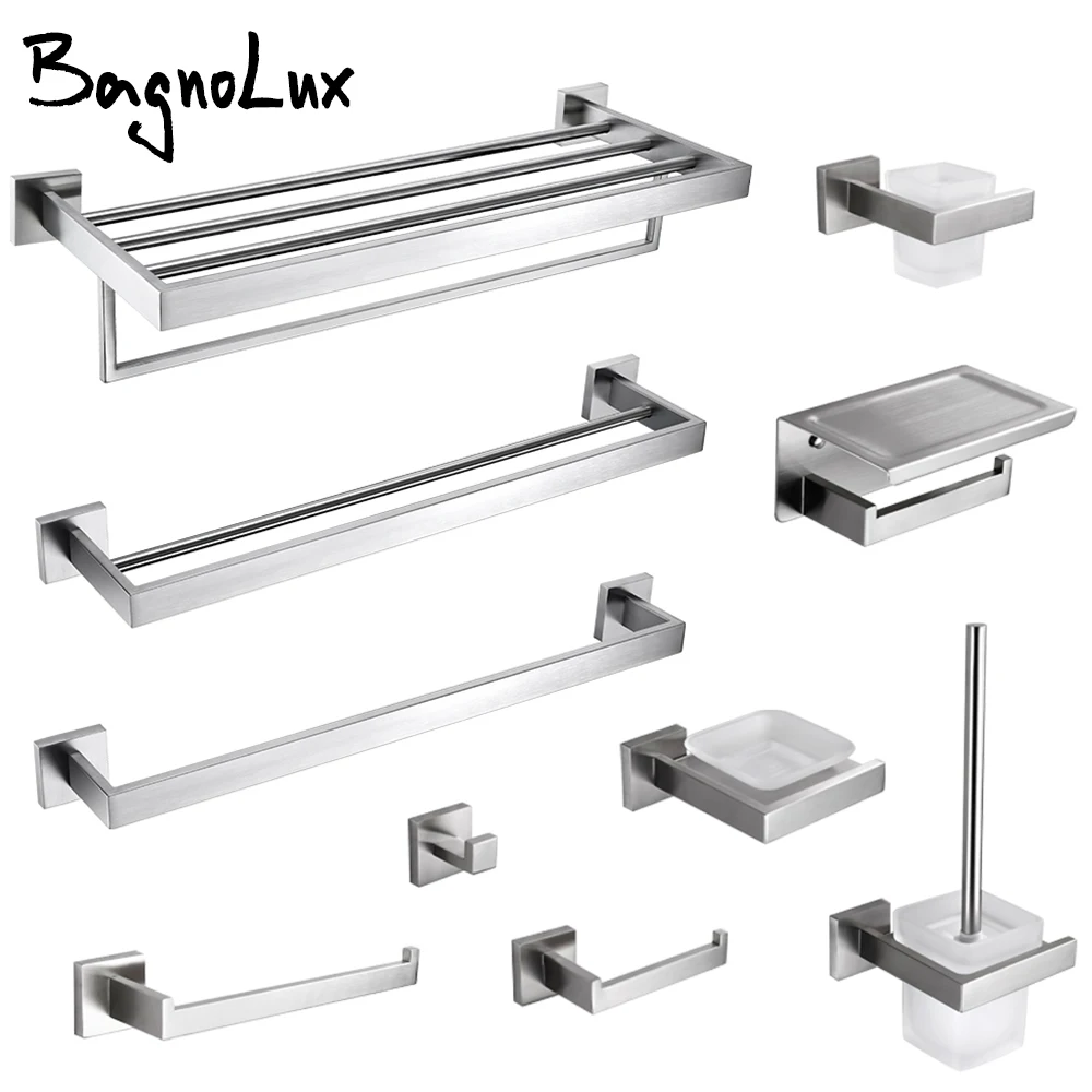 Stainless Steel Bathroom Accessories Hardware Kit Wall Mount Clothe Hook Paper Holder Towel Bar Toilet Brush Holder Soap Dish