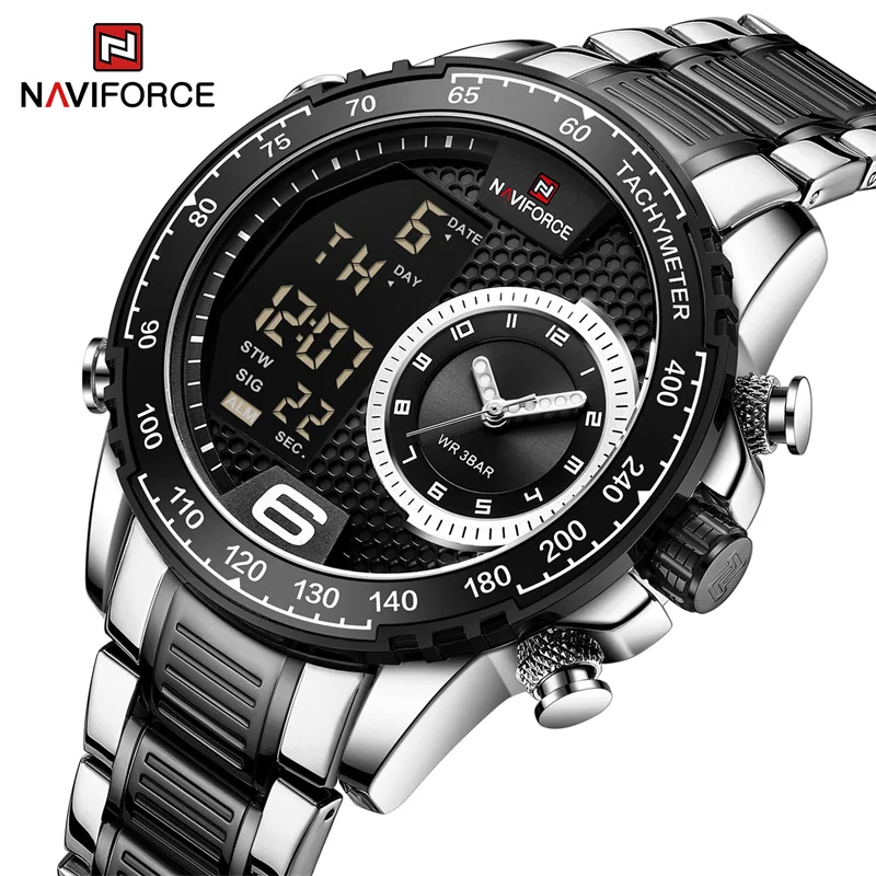 Naviforce Fashion Men\'s Watches Top Brand Luxury Quartz Watch for Men Chronograph Waterproof 24 Hour LCD Display Luminous Clock