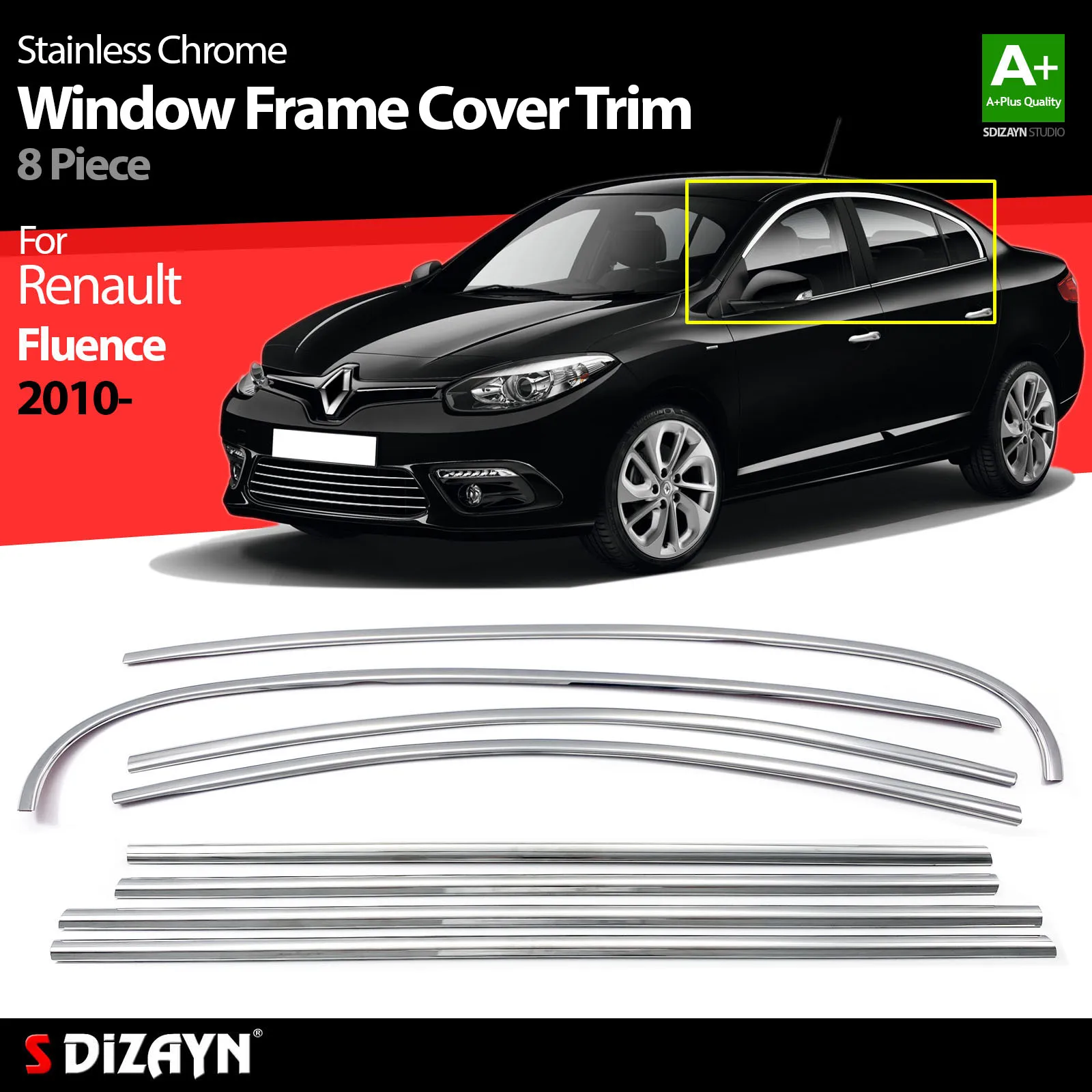 S Dizayn For Renault Fluence Chrome Window Frame Cover Trim Stainless Steel 8 Pcs Exterior Car Accessories Parts Auto Products