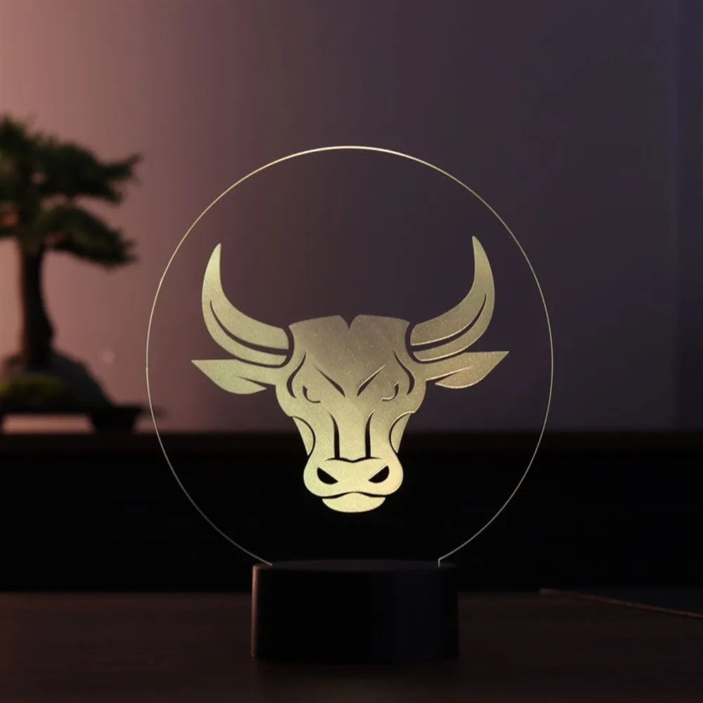 Bull acrílico 3d ilusão led candeeiro de mesa 12 volts adaptador luz do dia design base madeira aniversário presente dia especial ideia para casais