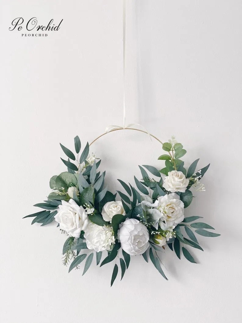 Peorquídea branco peônia hoop buquê de casamento boho personalizado eucalipto flores porta decorativa grinalda buquê de dama de honra anel