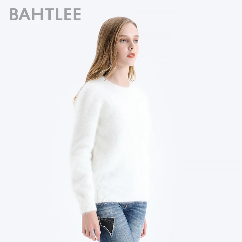 BAHTLEE-Women's Angora Wool Knitted Jumper, Long Sleeves, O-Neck, Suit Style, Basic Style, Pure Color, Autumn, Winter