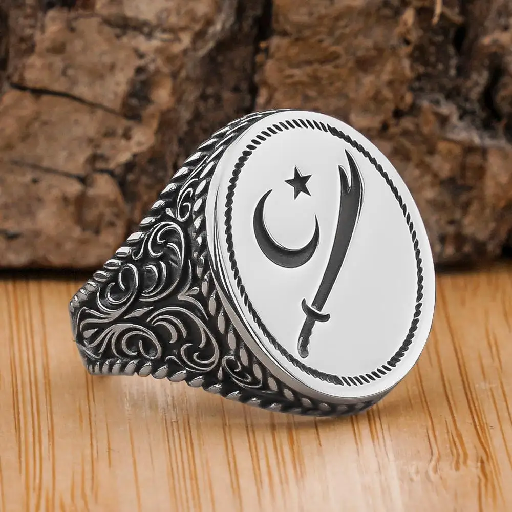 Moon Star And Sword Solid 925 Sterling Silver Men's Ring Handmade High Quality Gift Engraved Vintage Jewelry Gift For Him