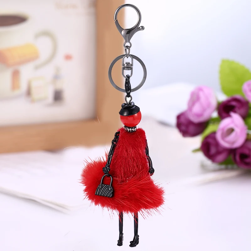 HOCOLE Winter hairy doll key chain cute Women keychain Red Dress ladies keychains   jewelry car key chain ring Christmas gifts