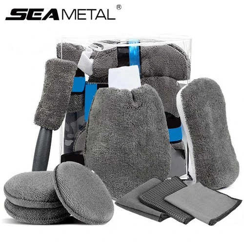 Imagen 1 del producto SEAMETAL 9 Uds. Kits de limpieza para lavado de coches, toallas de microfibra, esponja para colorete, guante de lavado, almohadillas aplicadoras para el cuidado del esmalte, accesorios para lavado de coches