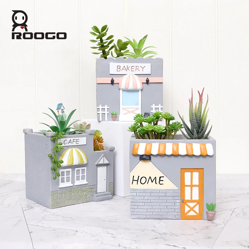 

Roogo Mini Town Style Flower Pots Resin Bonsai Home and Garden Succulent Plant Pot Gardening Pots for Planting