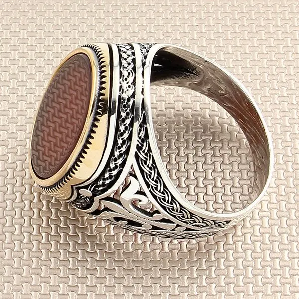 Straight Oval Red Agate Stone Men Silver Ring With Symmetrical Motif Made in Turkey Solid 925 Sterling Silver