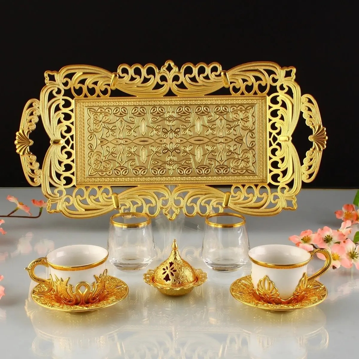 

Black and White Turkish Coffee Cup Sets with Double Serving Tray Silver and Gold 8 Pieces Authentic Ottoman 90ml