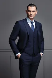 Classic Navy blue Men Suits Custom Made Formal Suit  Men Two Button Wedding Groom slim fit Tuxedos terno (Jacket+Pants+Vest)