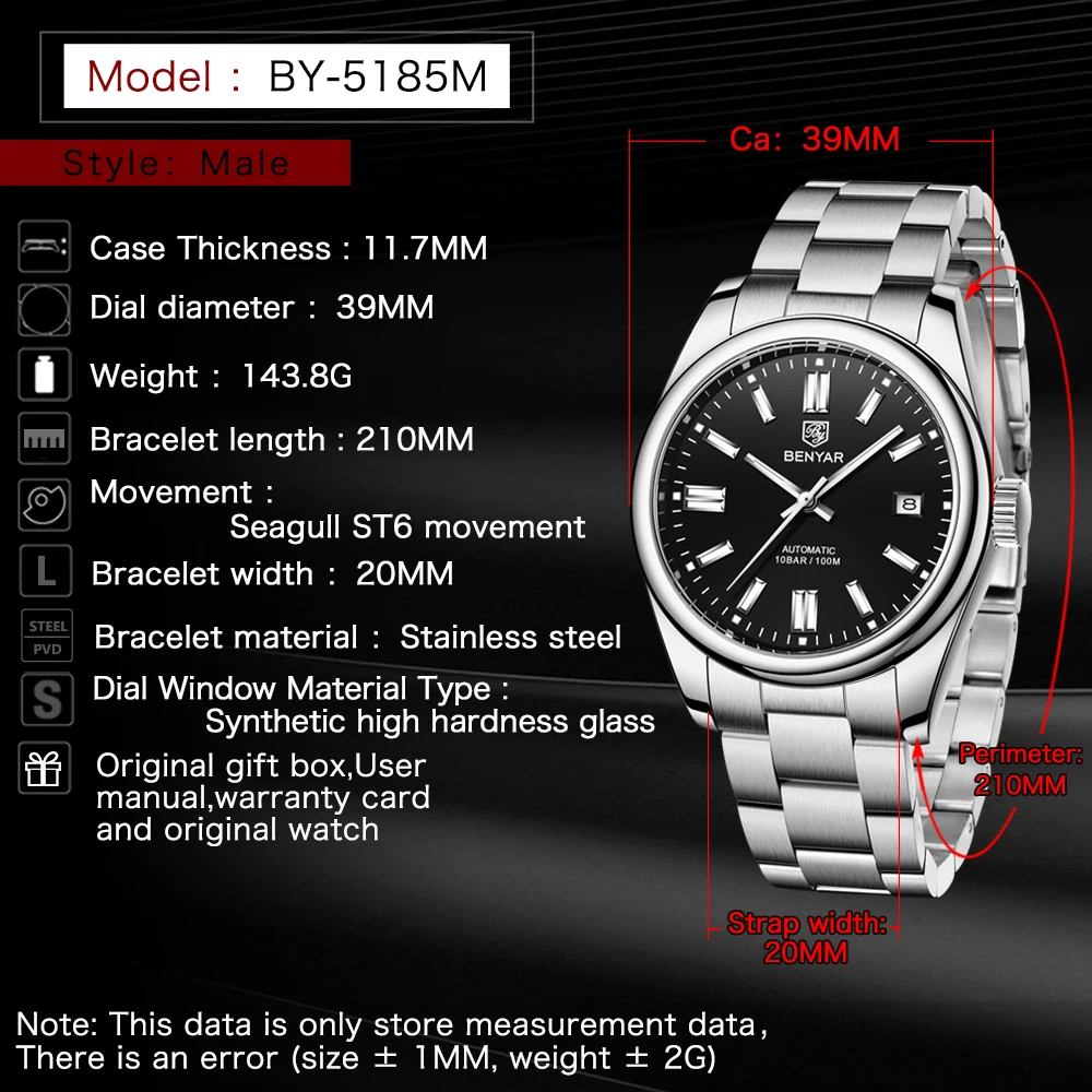 New BENYAR 2022 Luxury Automatic Watch 10Bar Waterproof Sports Men Mechanical Wristwatches Stainless Steel Diving Watch for Men