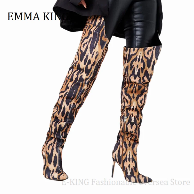 

2021 Spring Women Leopard Print Over the Knee Boots Sexy Stiletto Heel Thigh-High Boots Side Zip Pointy Toe Woman Botas De Mujer