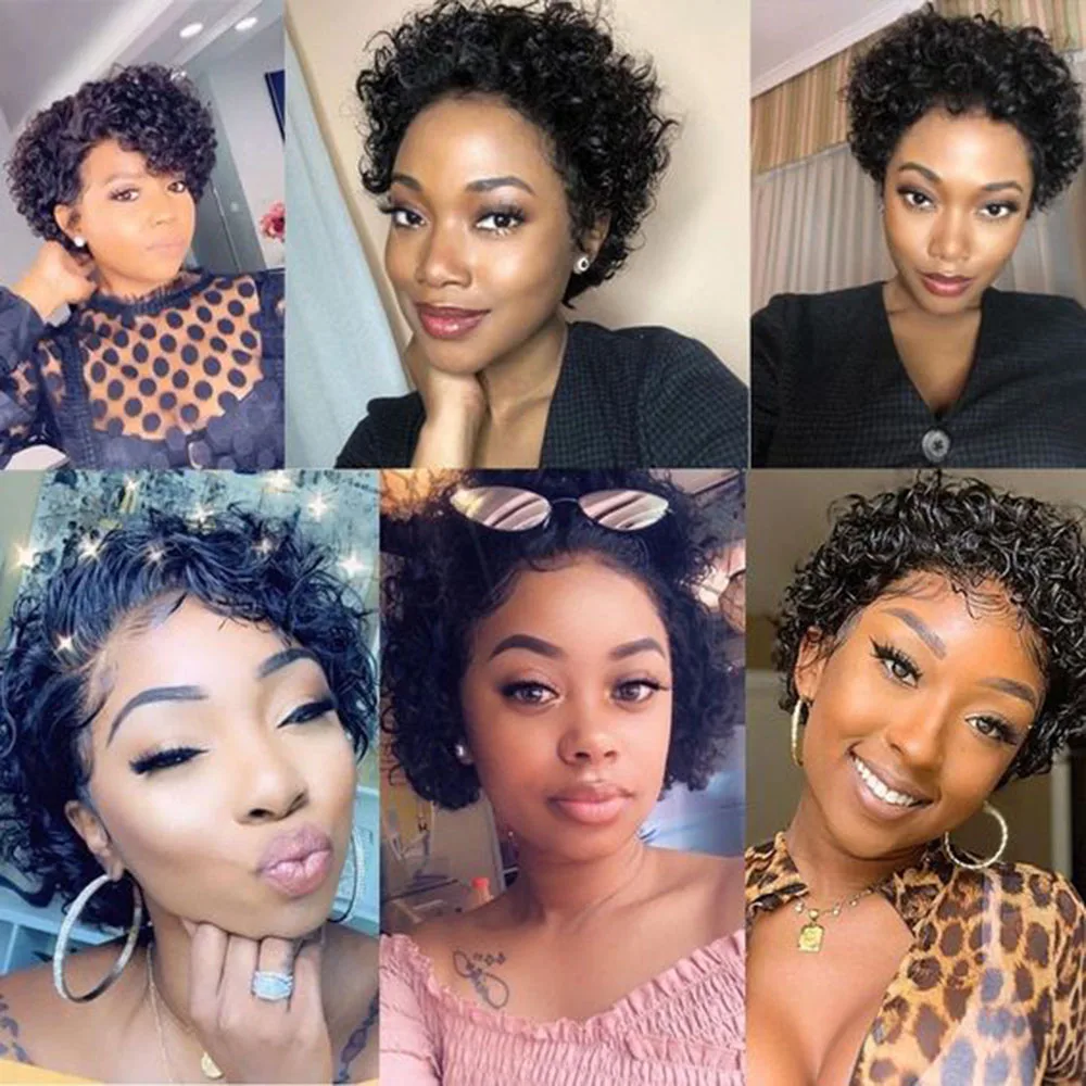 Perruque Afro naturelle bouclée, coupe Pixie, cheveux humains, bon marché, entièrement faite à la Machine, pour femmes noires