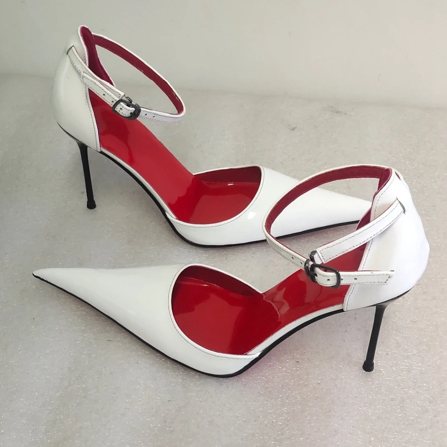 Sorbern White Stilettos Heel Women Pump Shoes Pointed Toe Ankle Straps 11Cm Metal Size 40 Ladies Heels Custom 32-44